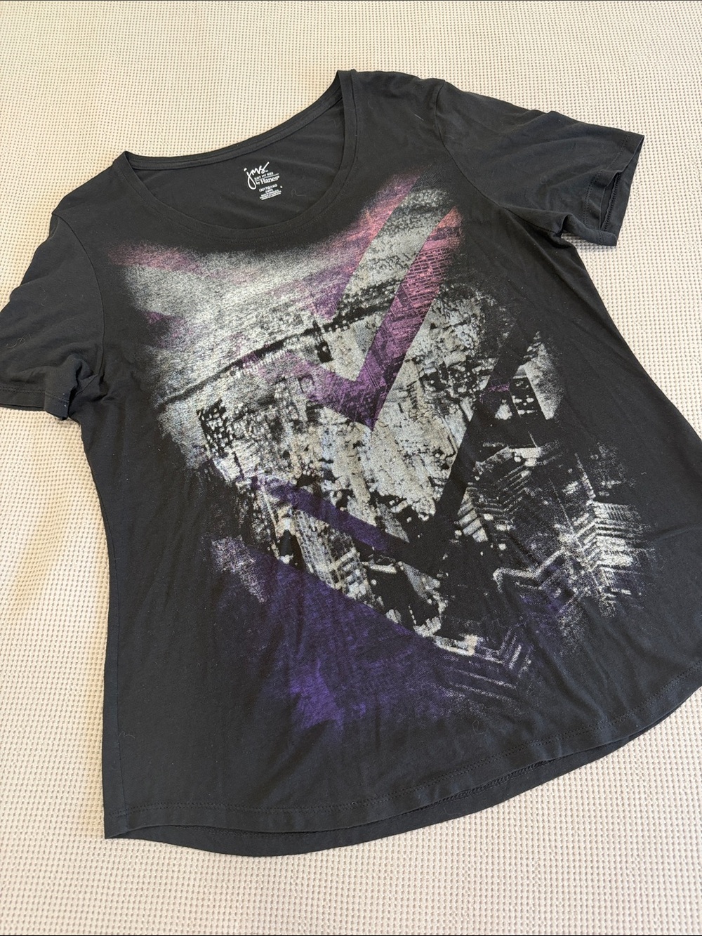 Just My Size Black Short Sleeve V-Neck Tee with Purple & Gray Graphic